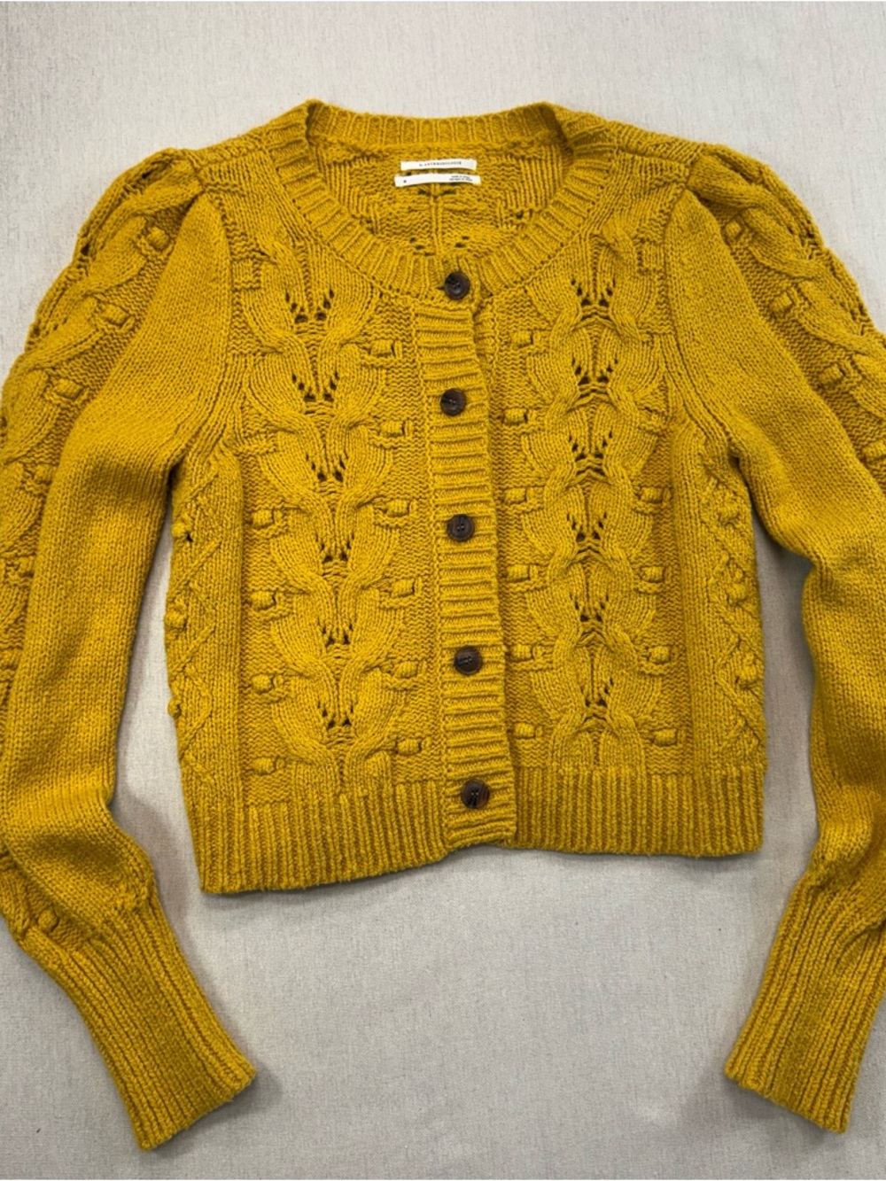 Anthropologie Mustard Yellow Cable Knit Puff Sleeve Cardigan Sweater Sz M - Picture 2 of 15